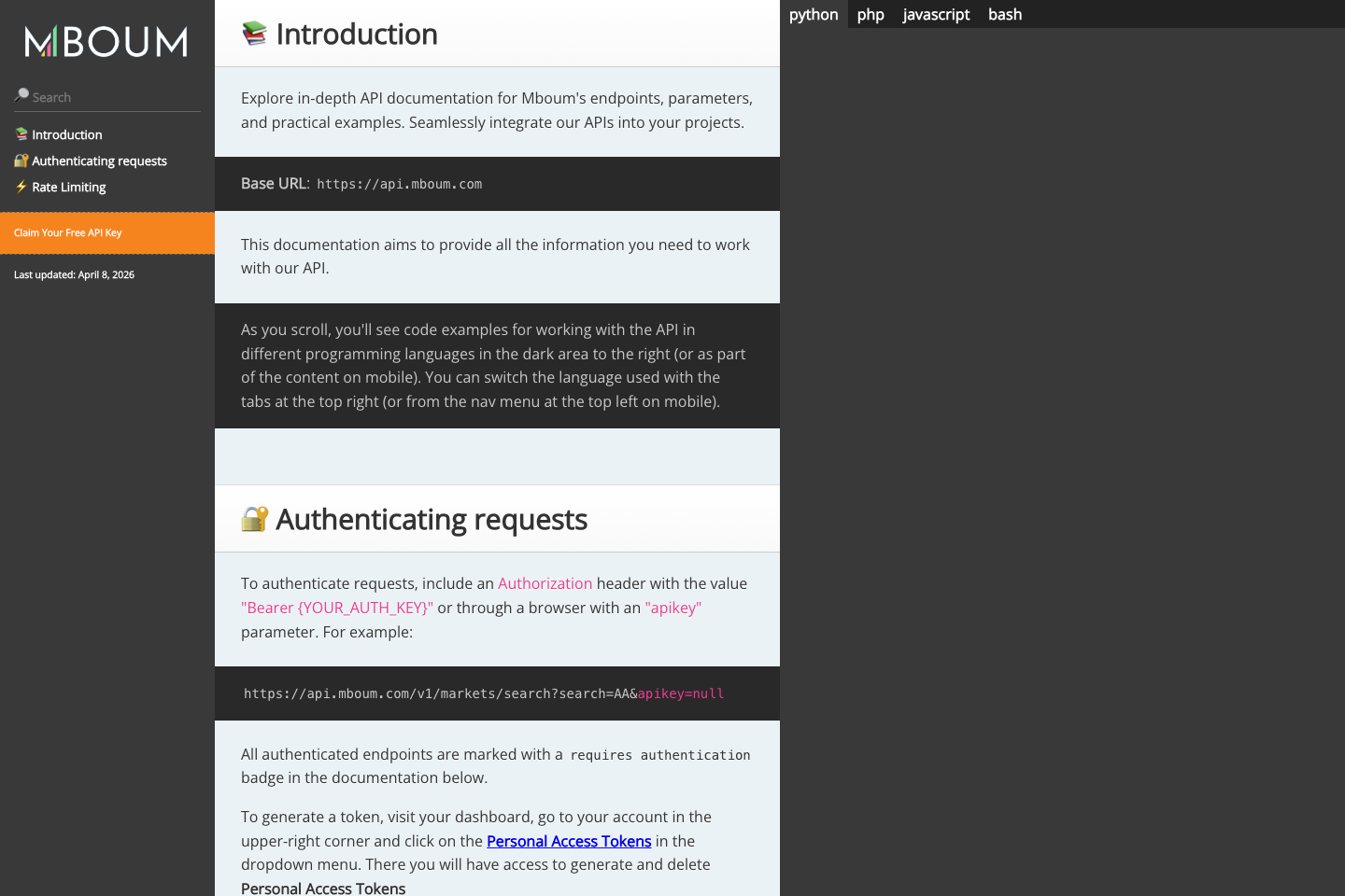 Mboum API documentation page
