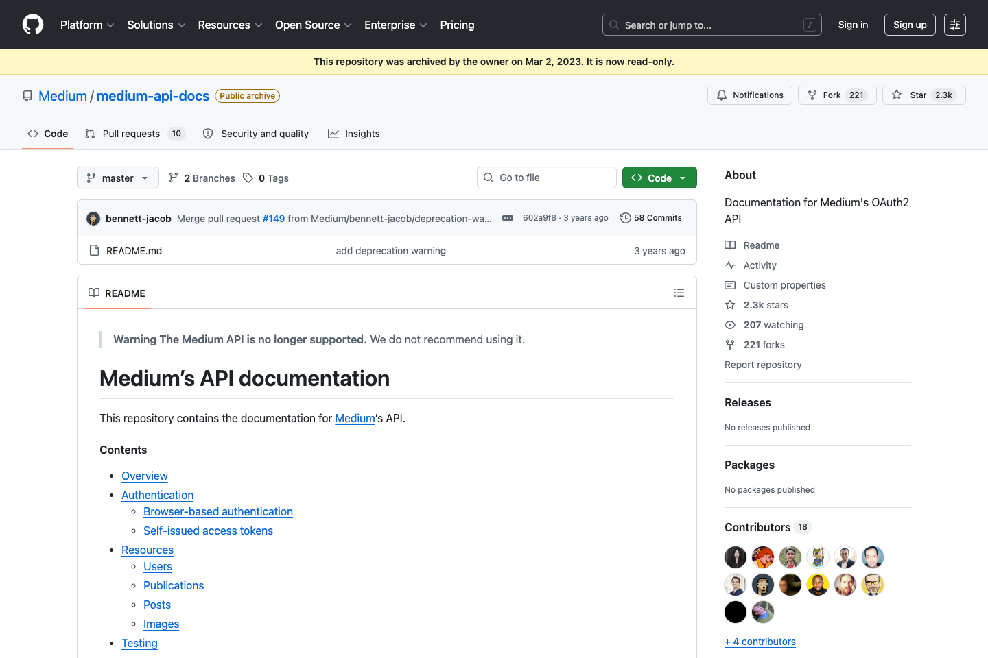 Medium documentation page