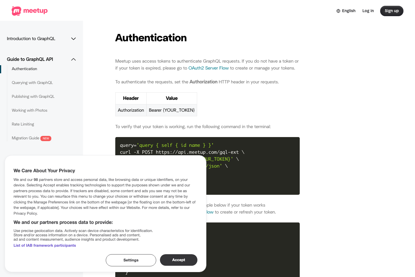Meetup.com documentation page