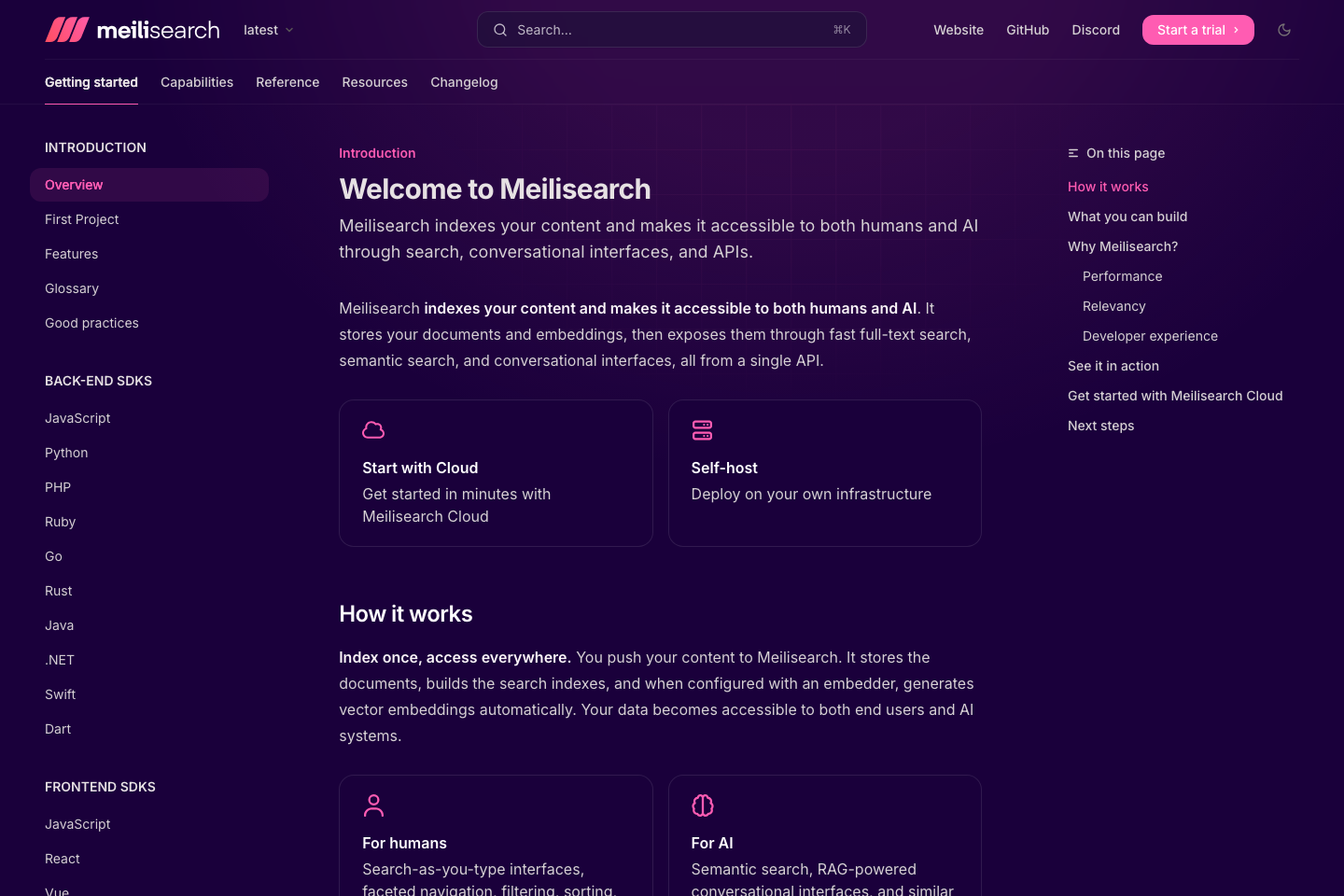 Meilisearch documentation page