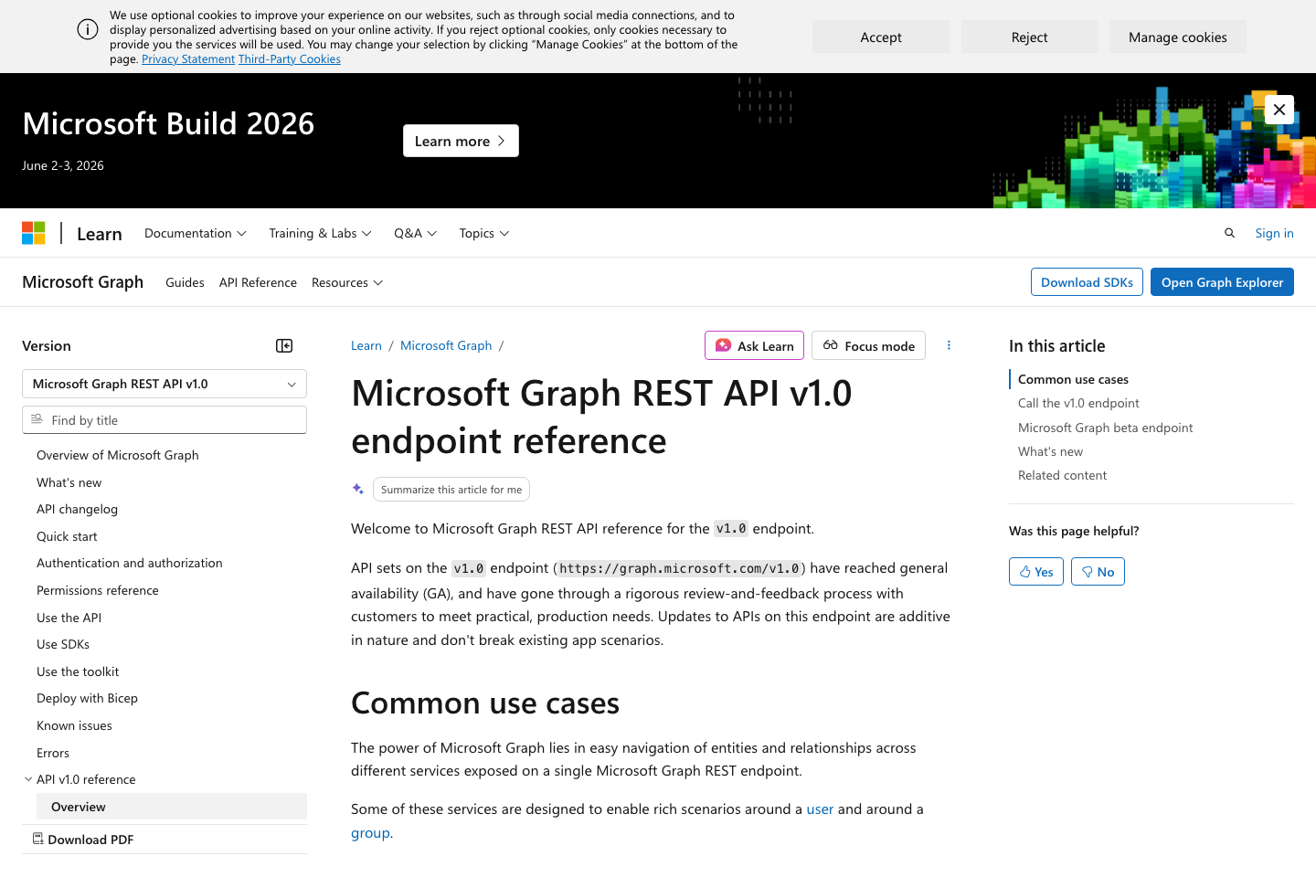 Microsoft Graph documentation page
