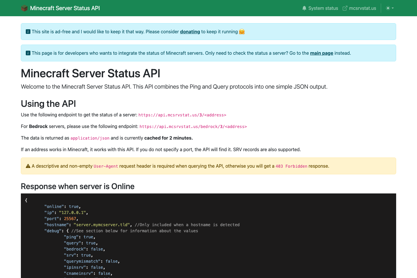 Minecraft Server Status documentation page