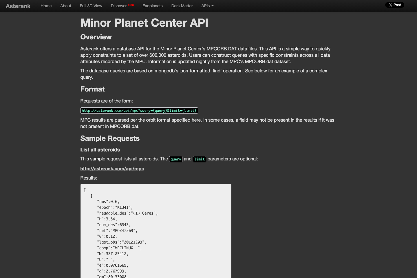 Minor Planet Center documentation page