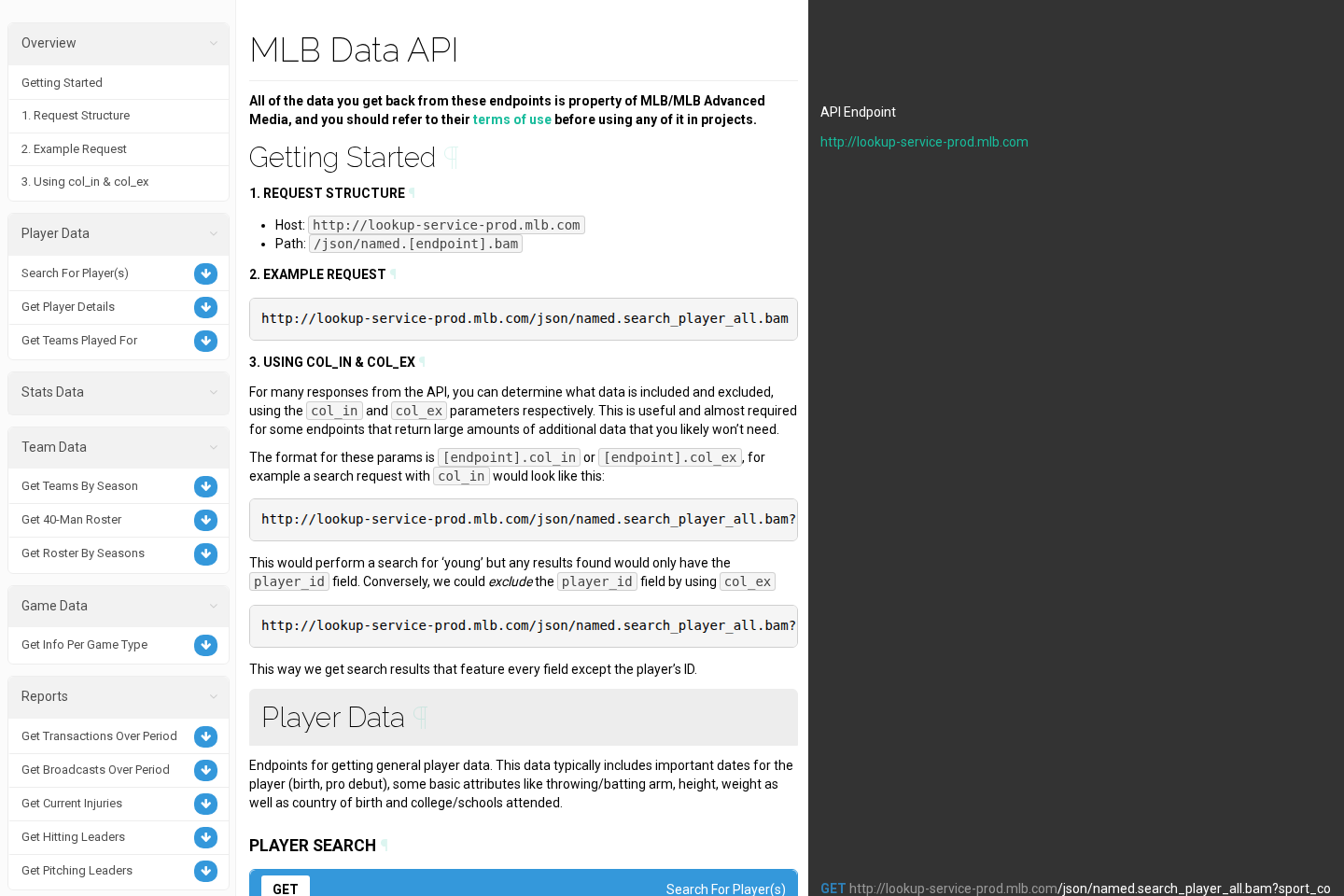 MLB Records and Stats documentation page