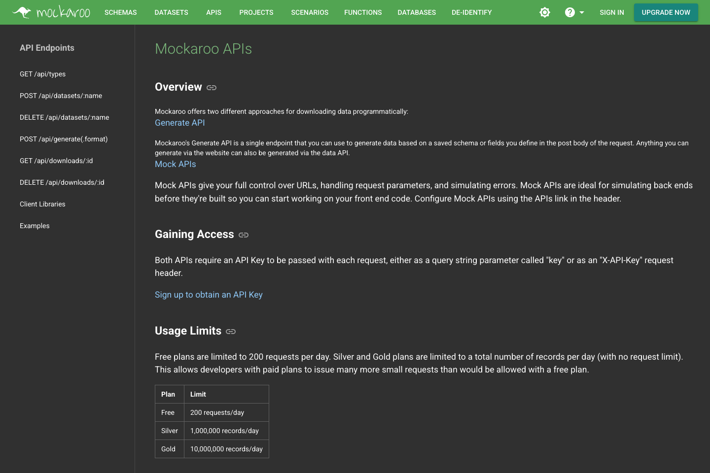 Mockaroo documentation page