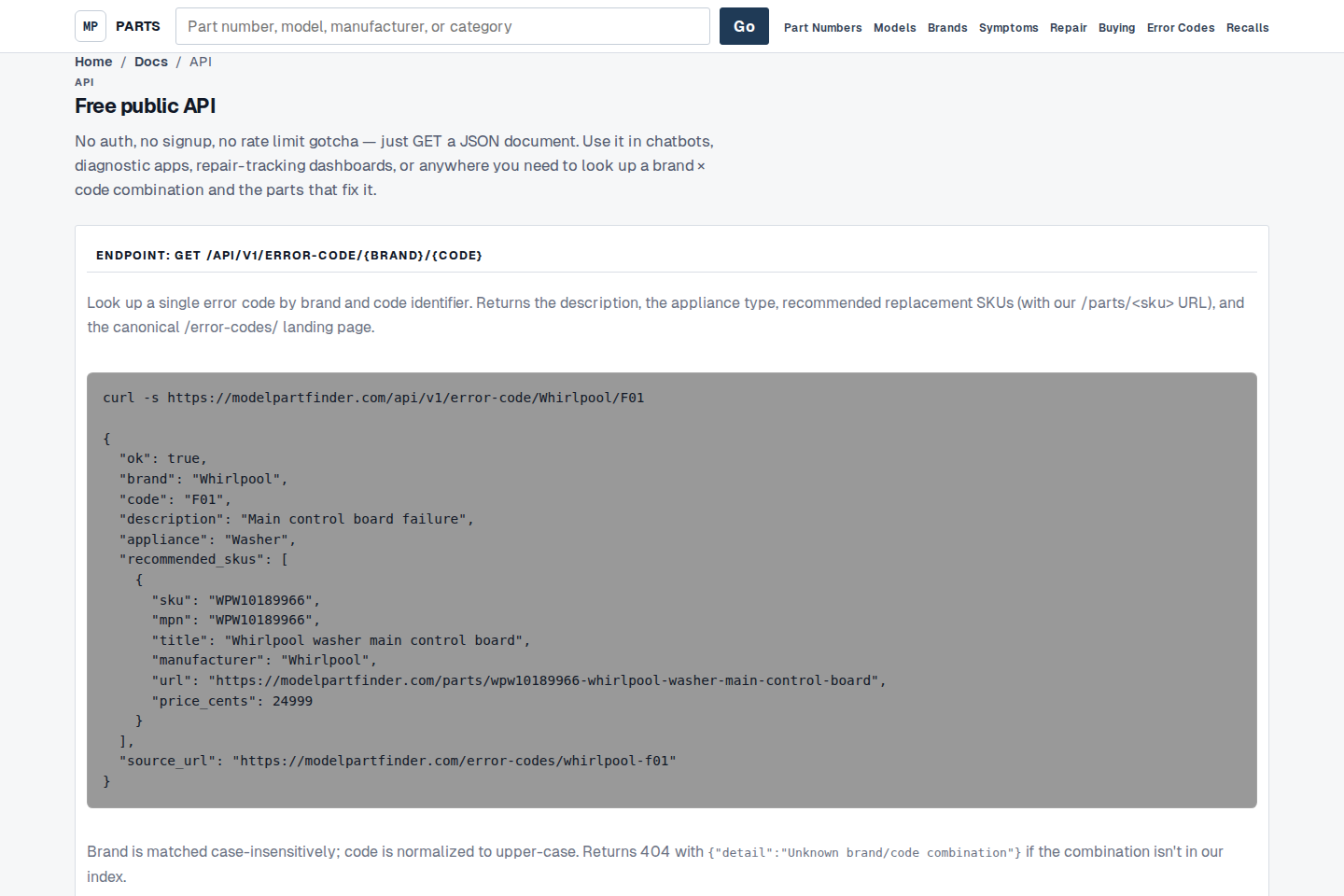 ModelPartFinder Error Codes documentation page