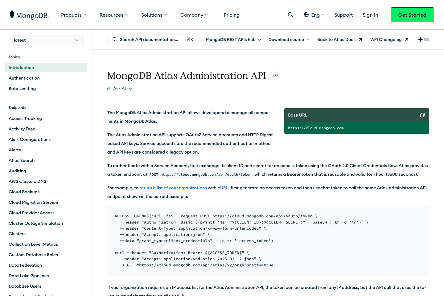 MongoDB Atlas documentation page