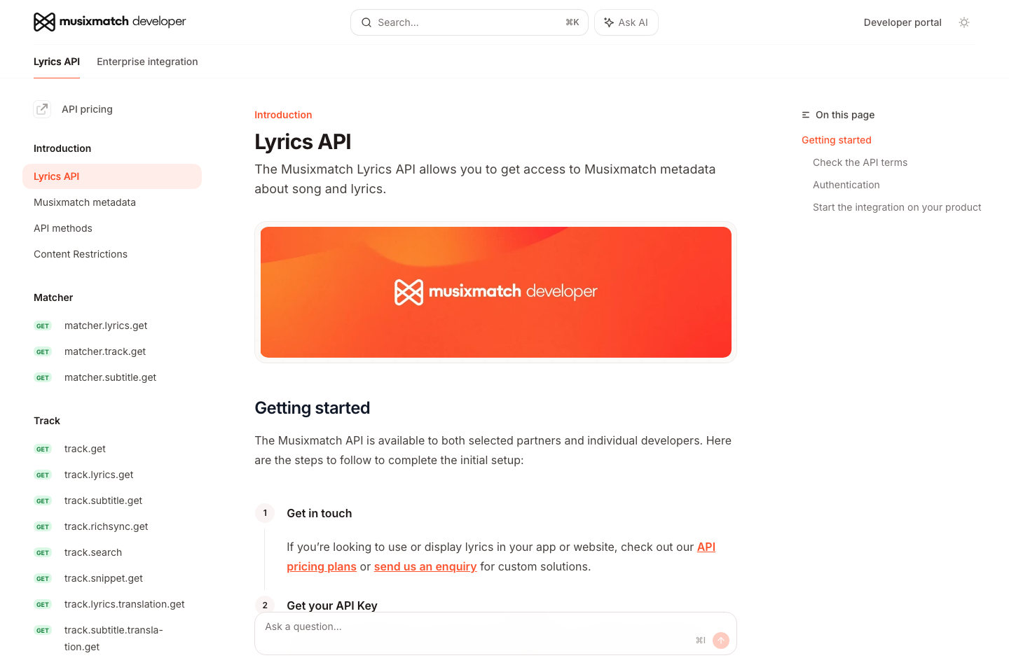 Musixmatch documentation page