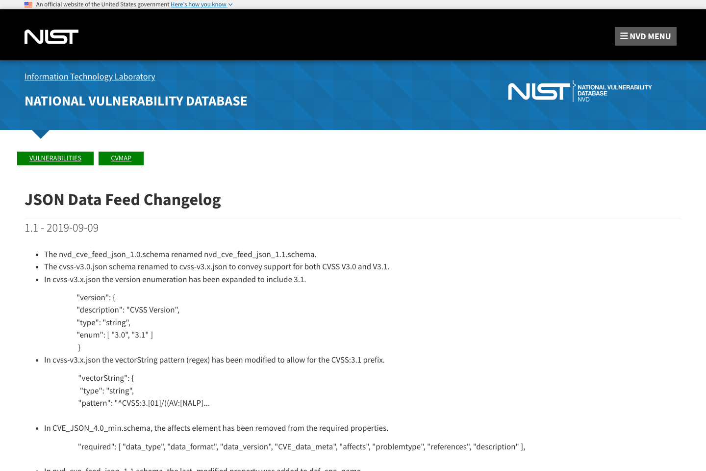 National Vulnerability Database documentation page