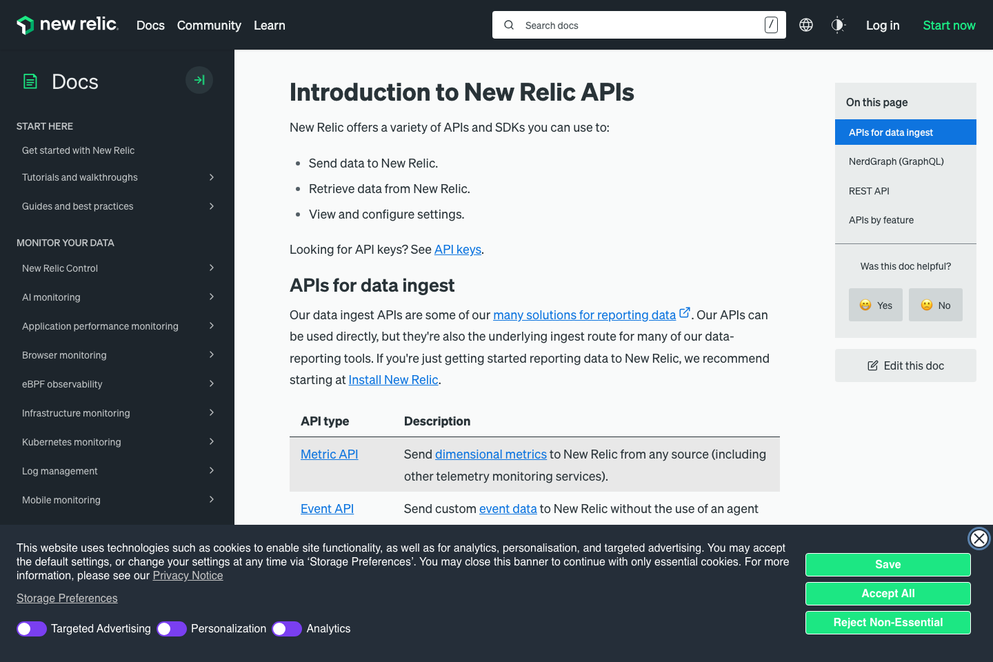 New Relic documentation page