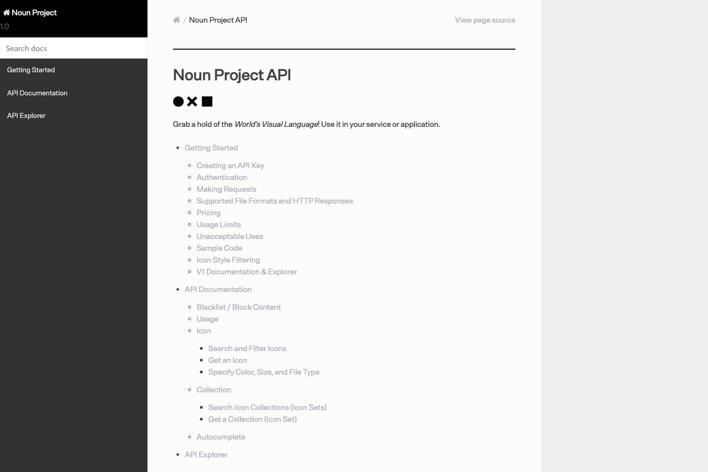 Noun Project documentation page