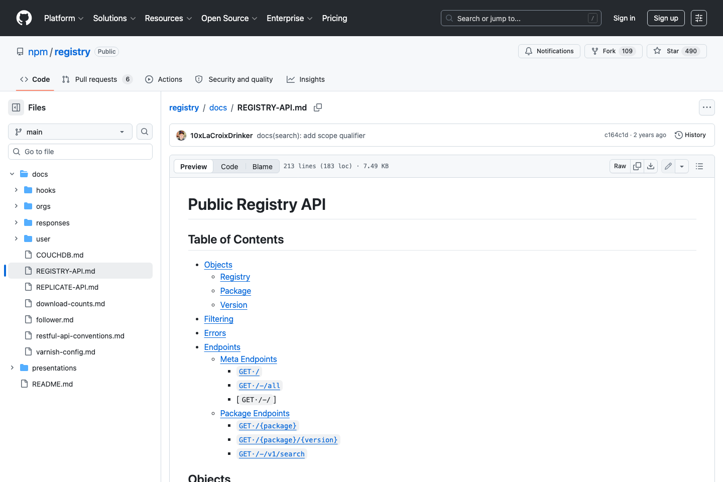 npm Registry documentation page