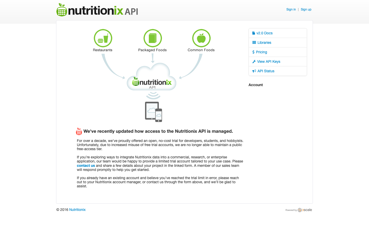 Nutritionix documentation page