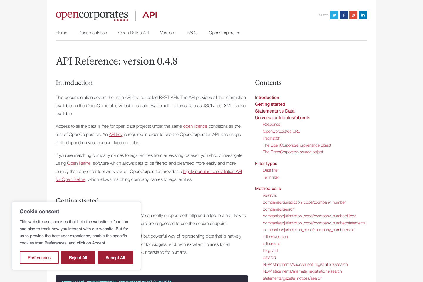 OpenCorporates documentation page