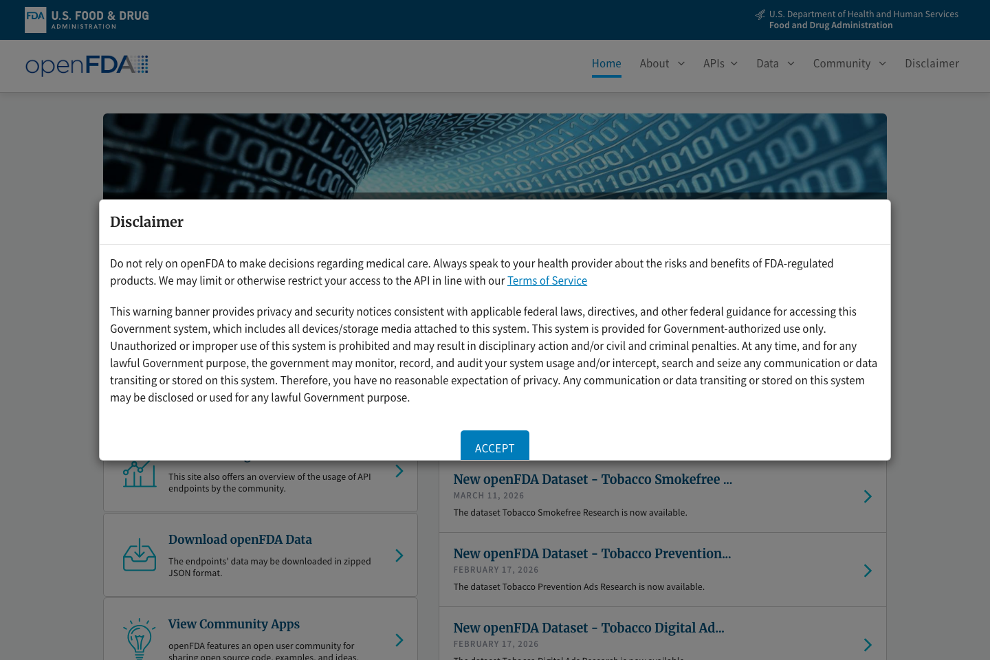 openFDA documentation page