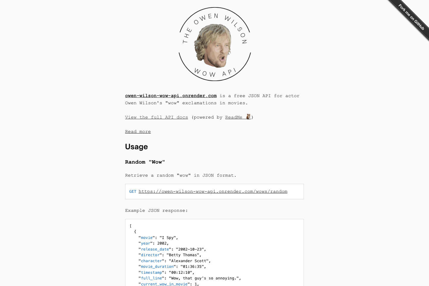 Owen Wilson Wow documentation page