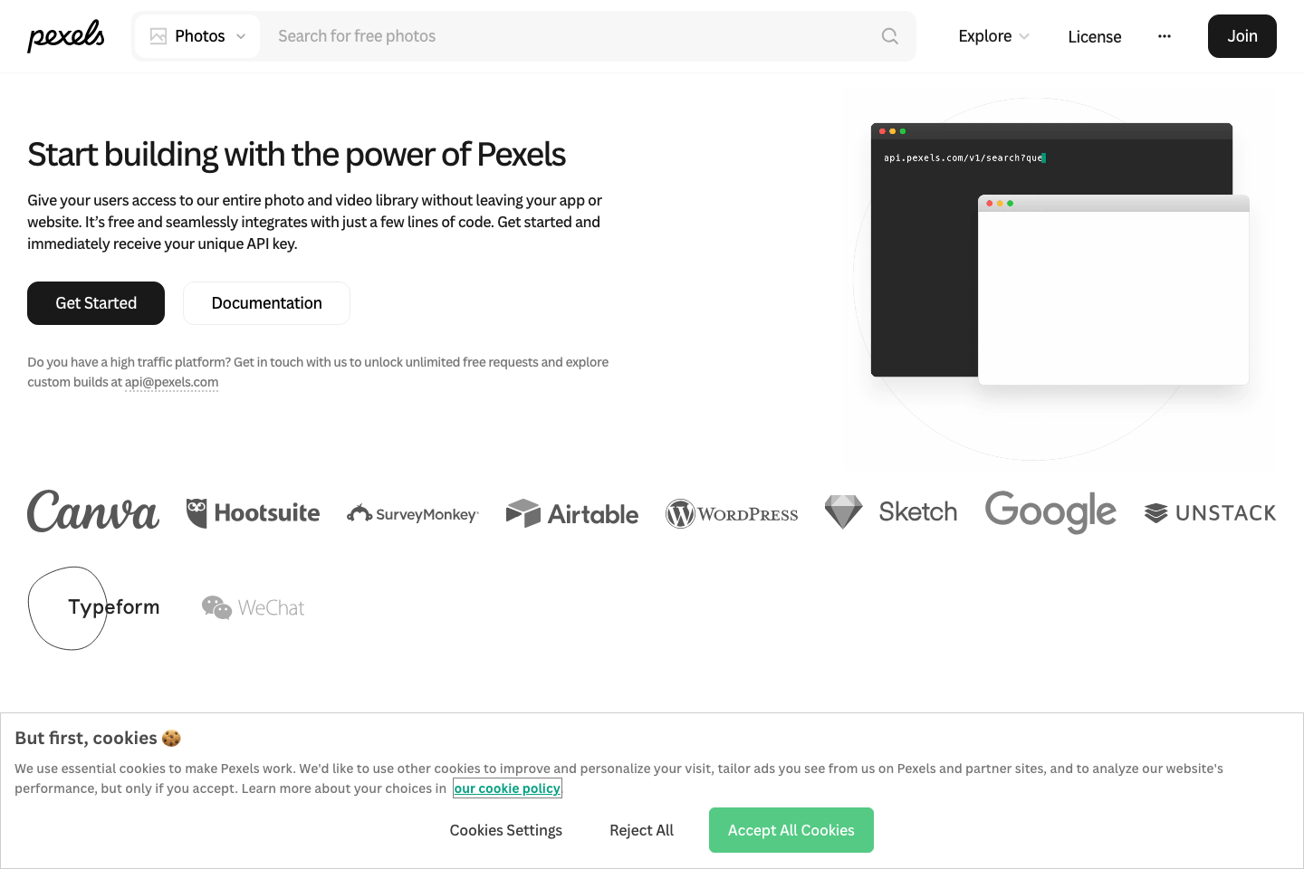 Pexels documentation page