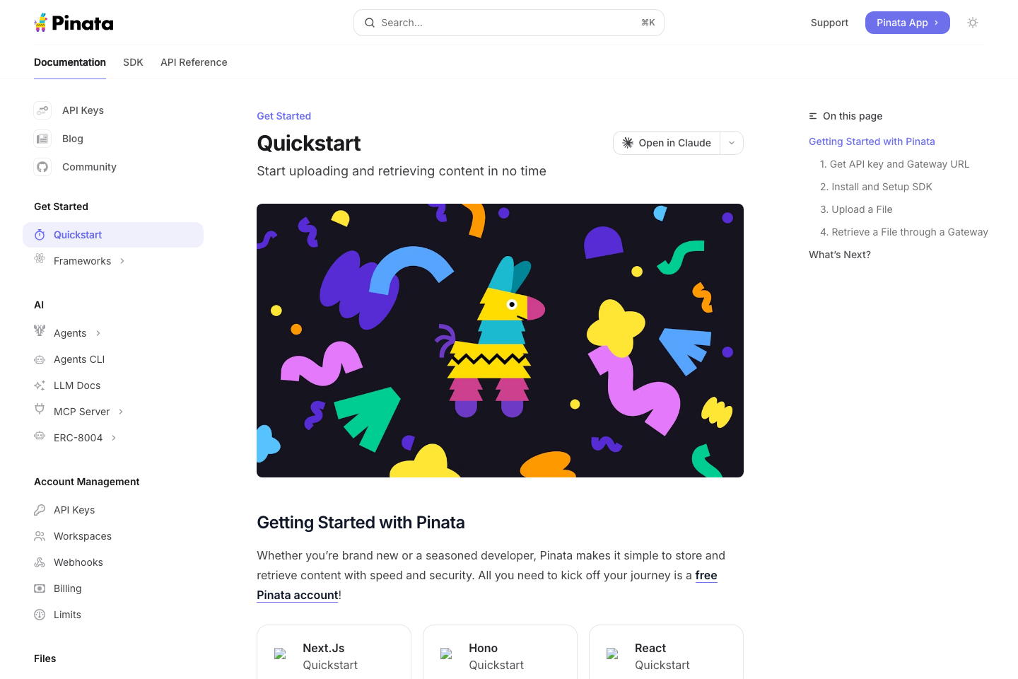 Pinata documentation page