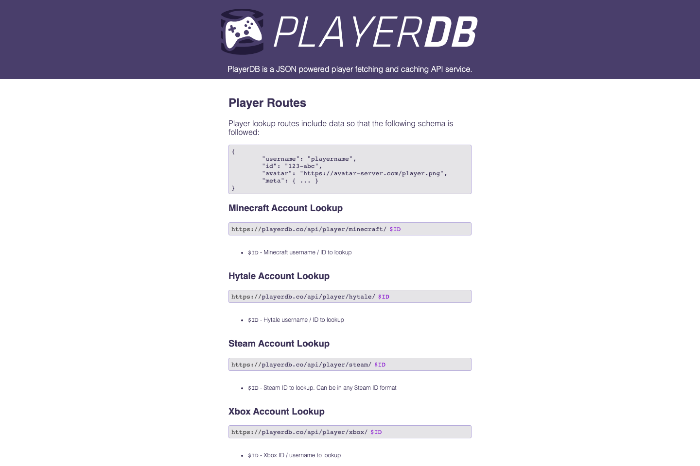 PlayerDB documentation page
