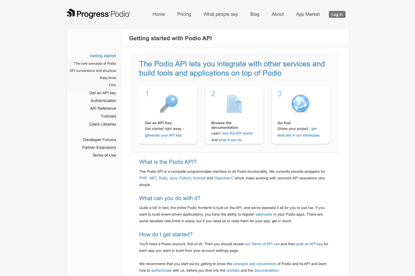 Podio documentation page