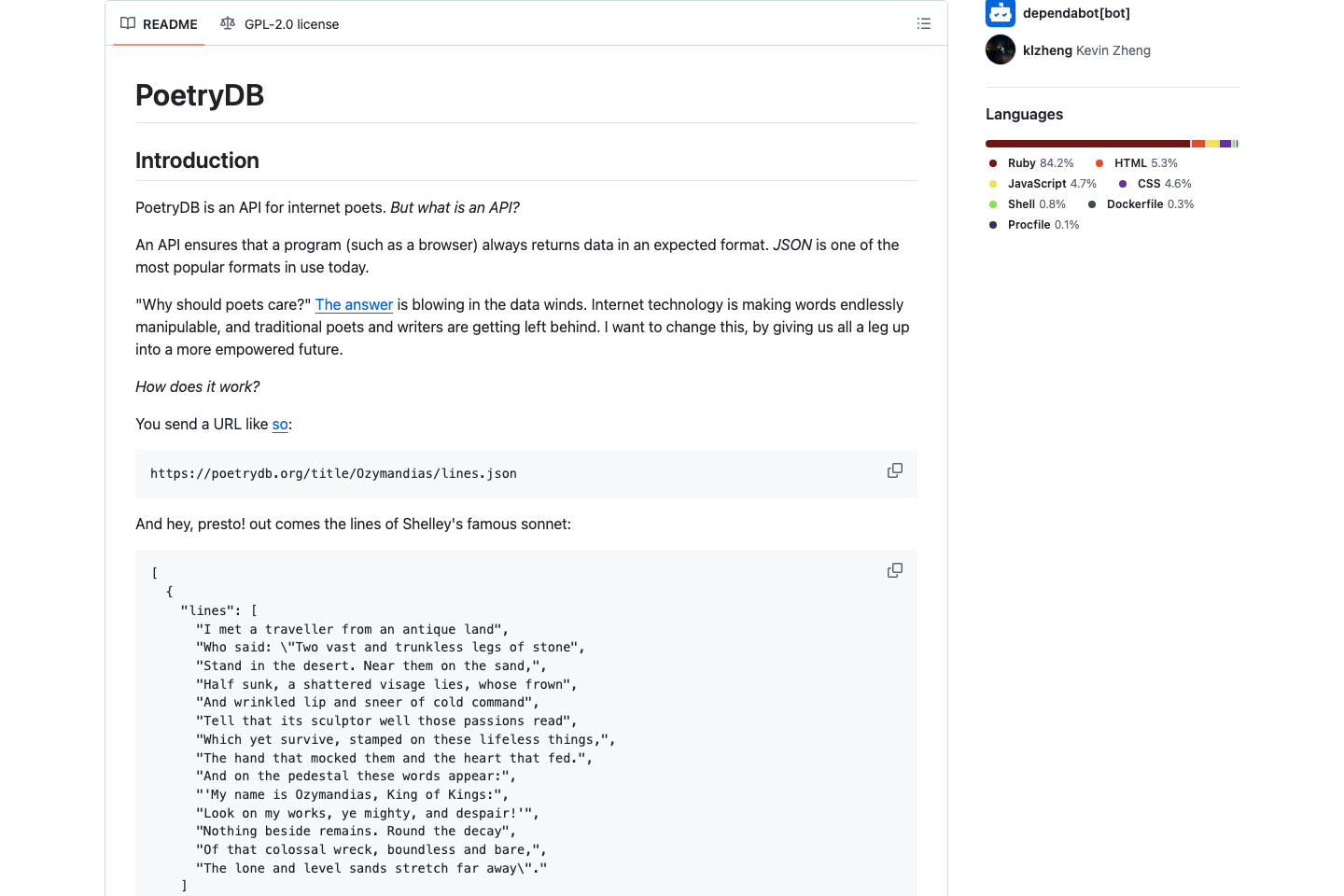 PoetryDB documentation page