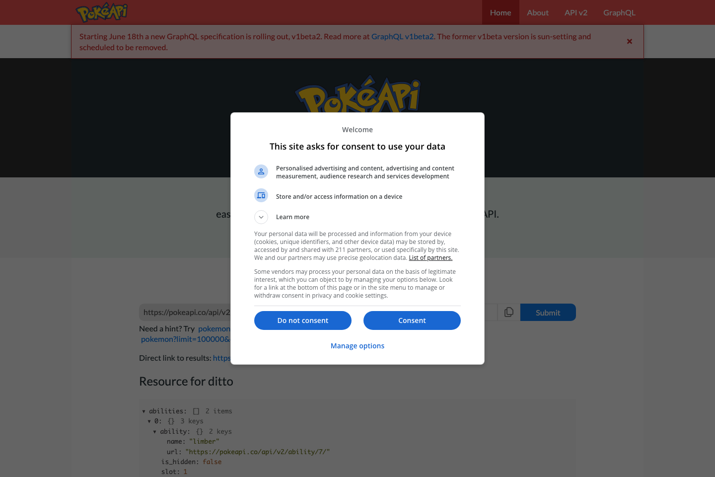 Pokéapi documentation page