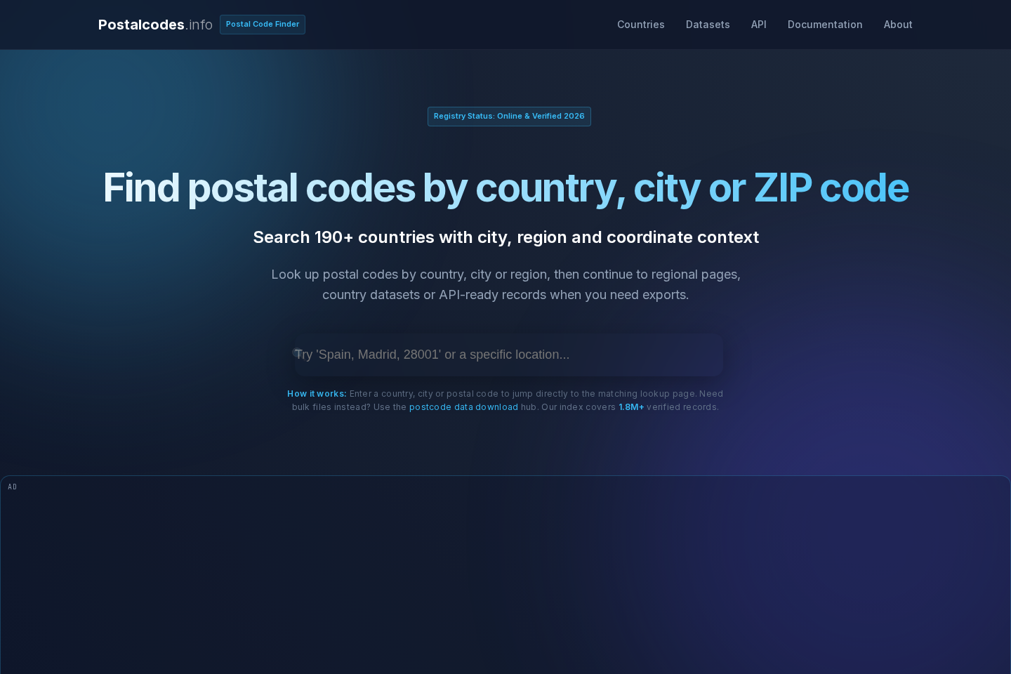 PostalCodes.info Postal Code API documentation page