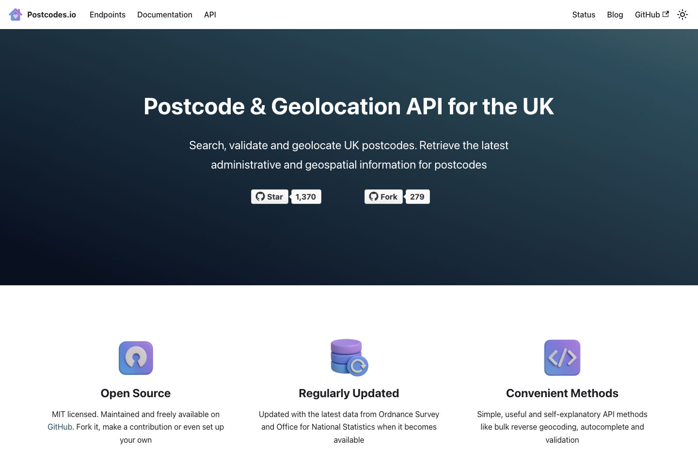 Postcodes.io documentation page