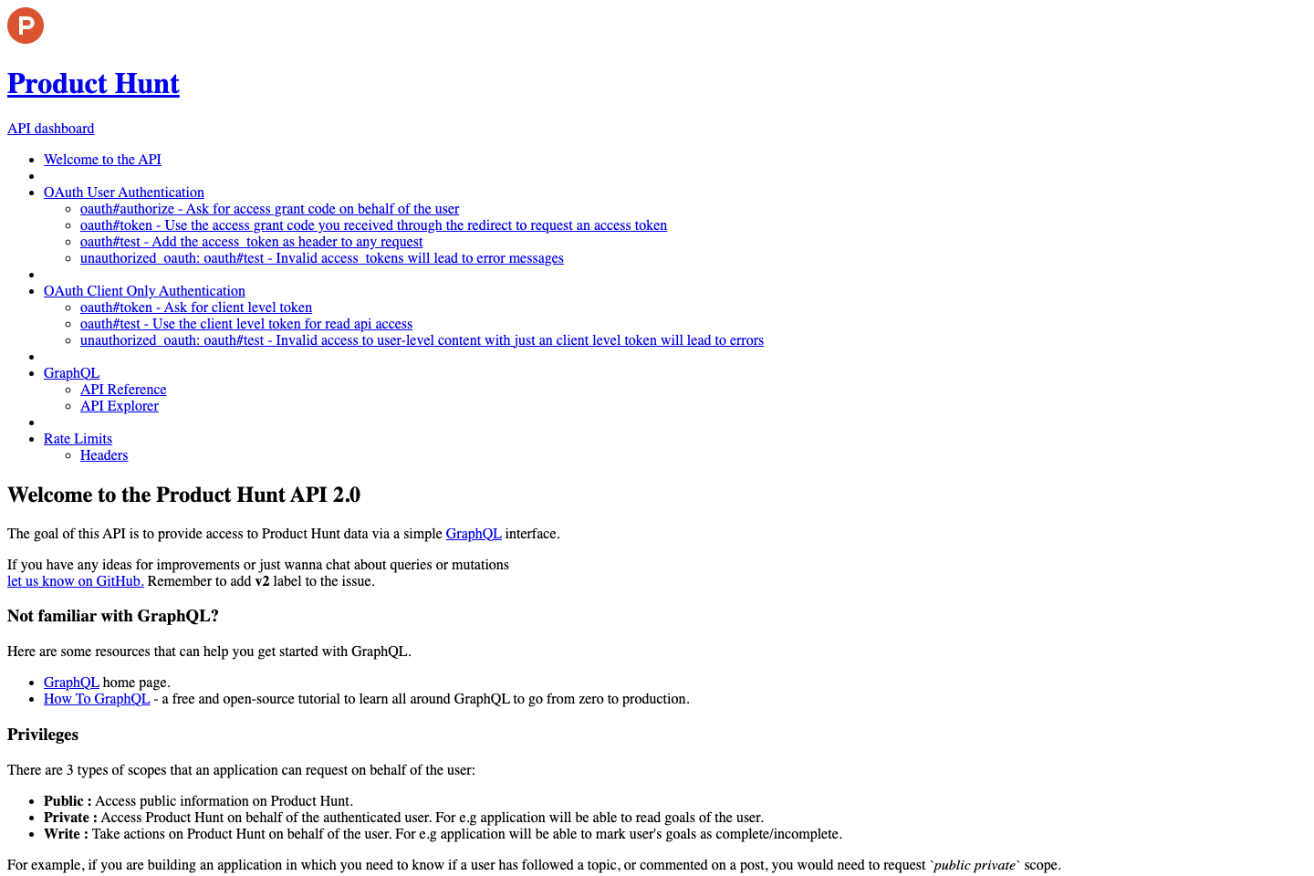Product Hunt documentation page