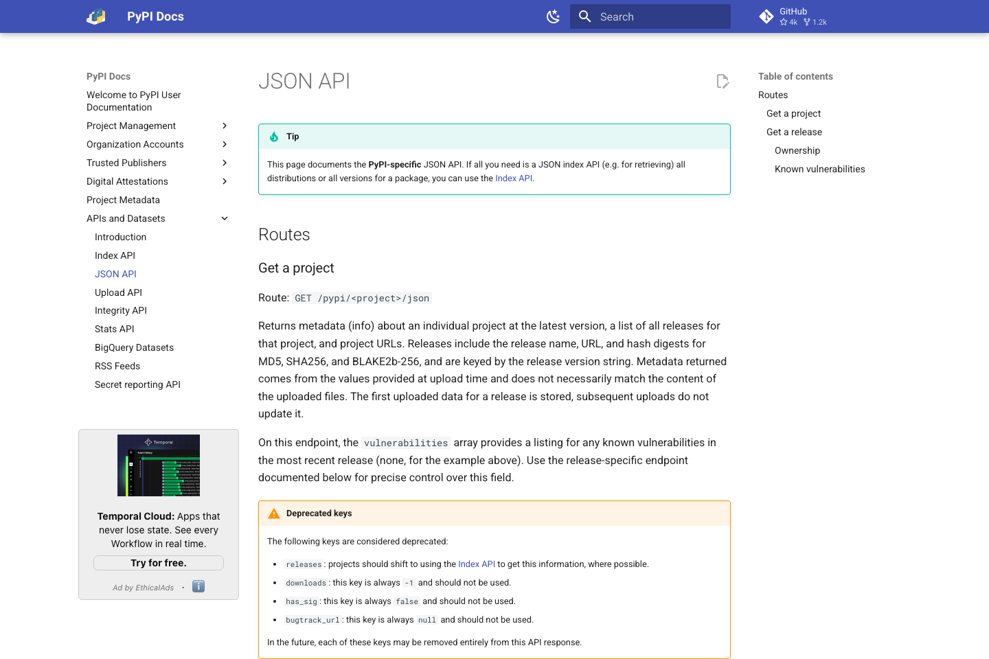 PyPI API documentation page