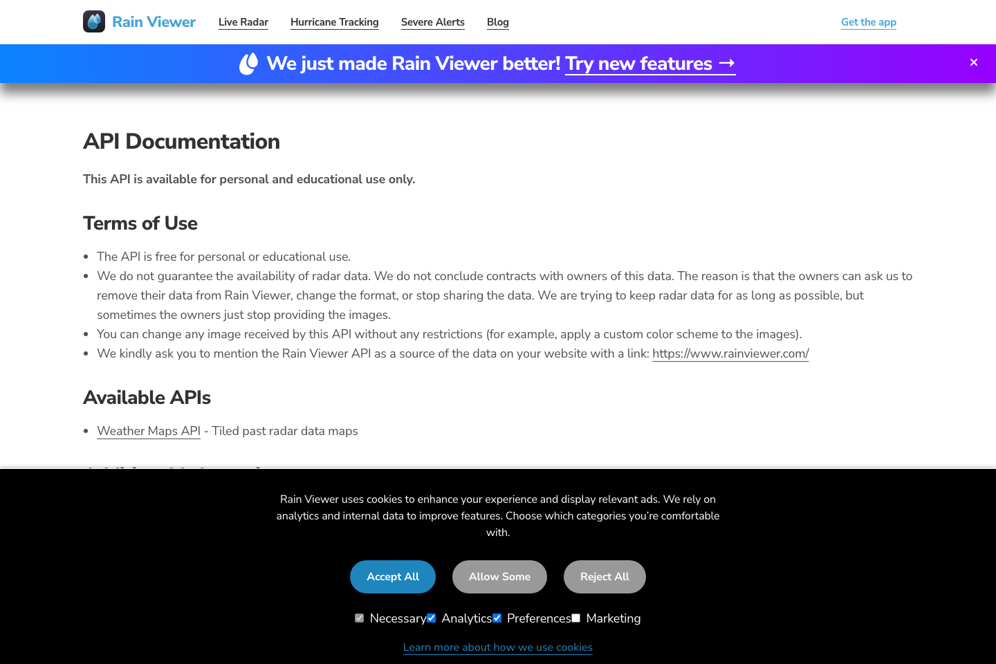 RainViewer documentation page