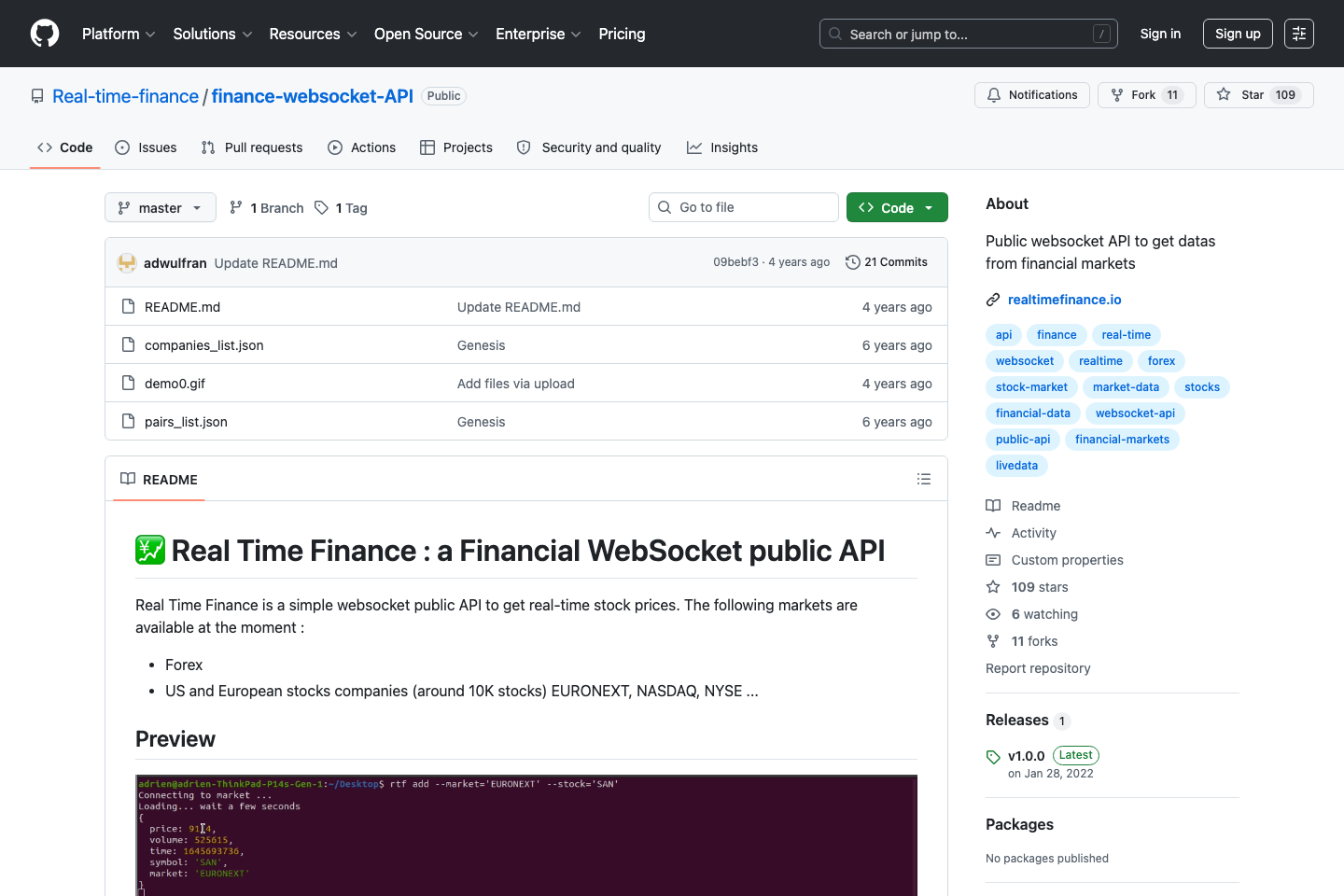 Real Time Finance documentation page