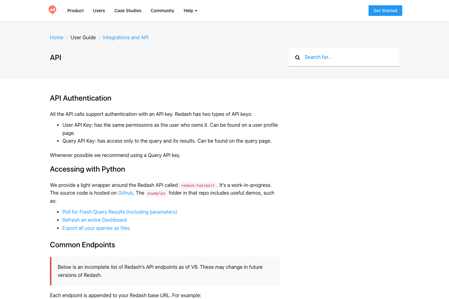 Redash documentation page