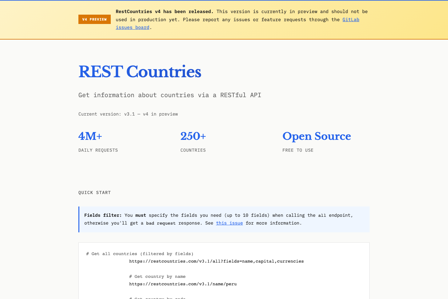 REST Countries documentation page