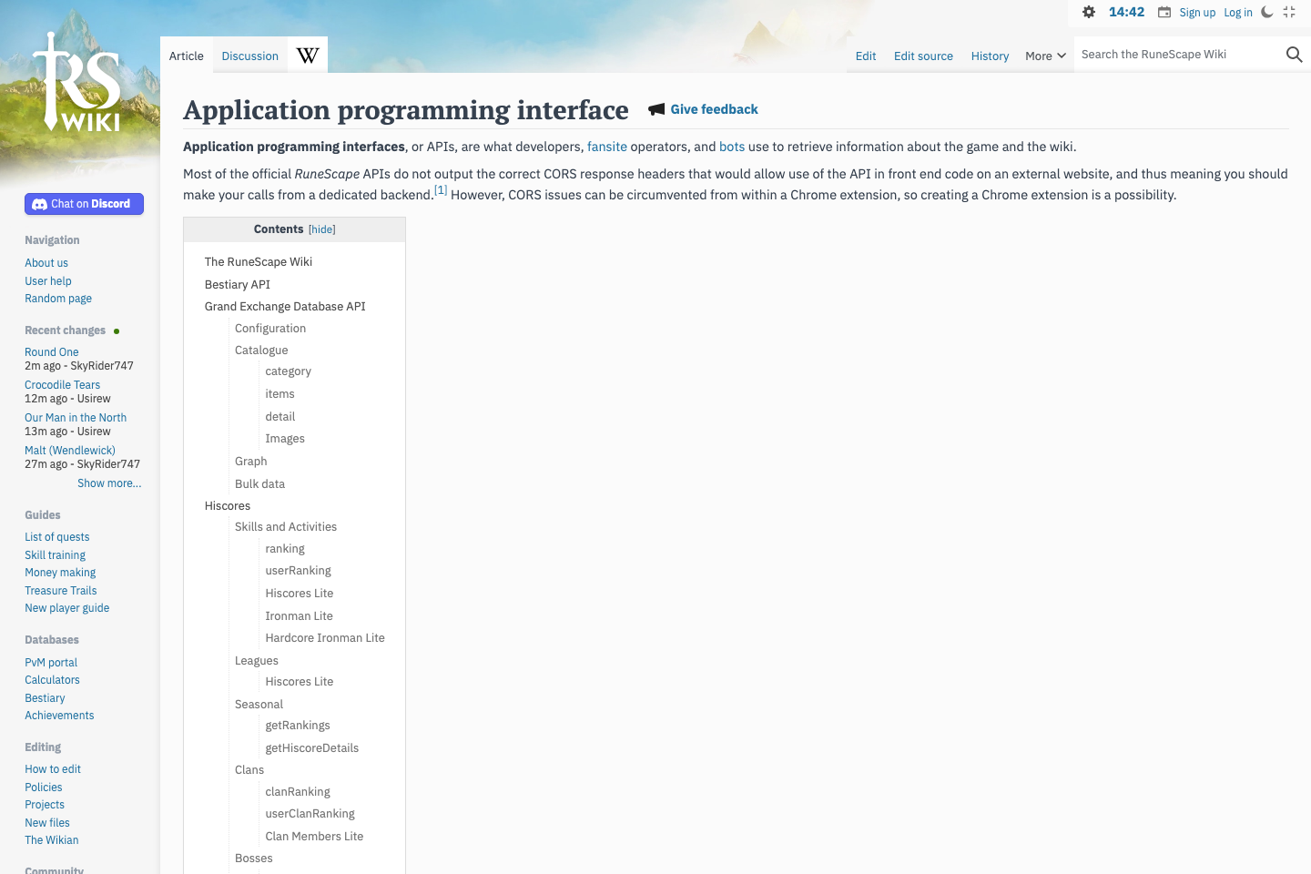 RuneScape documentation page