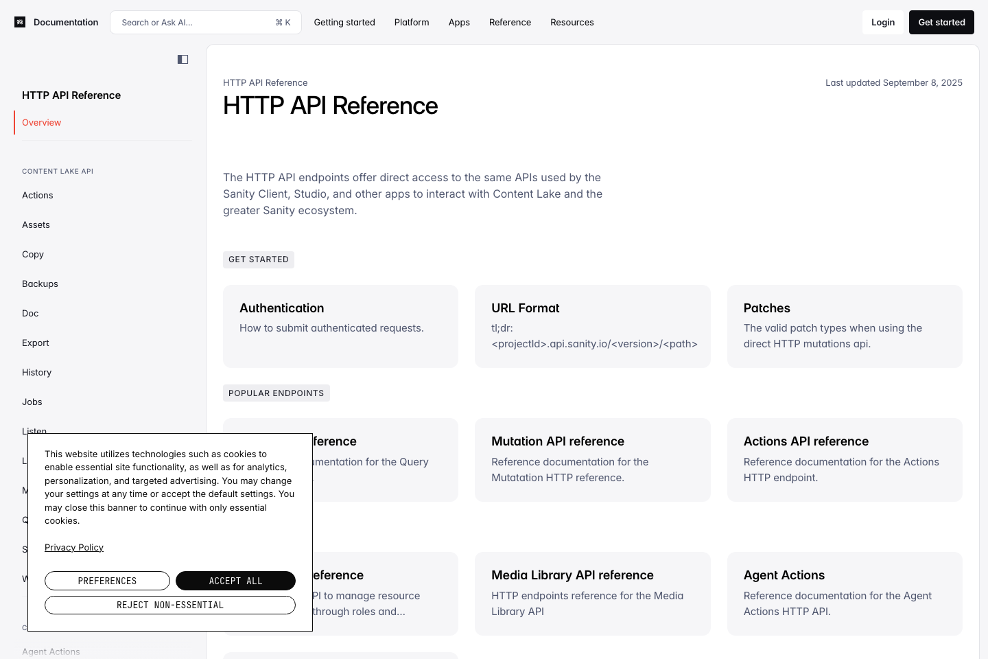 Sanity documentation page