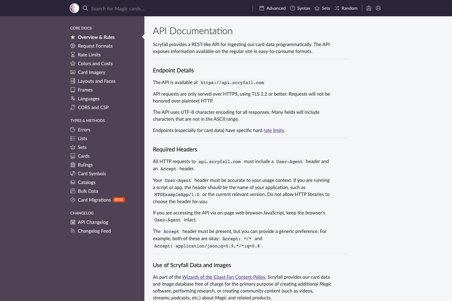 Scryfall documentation page