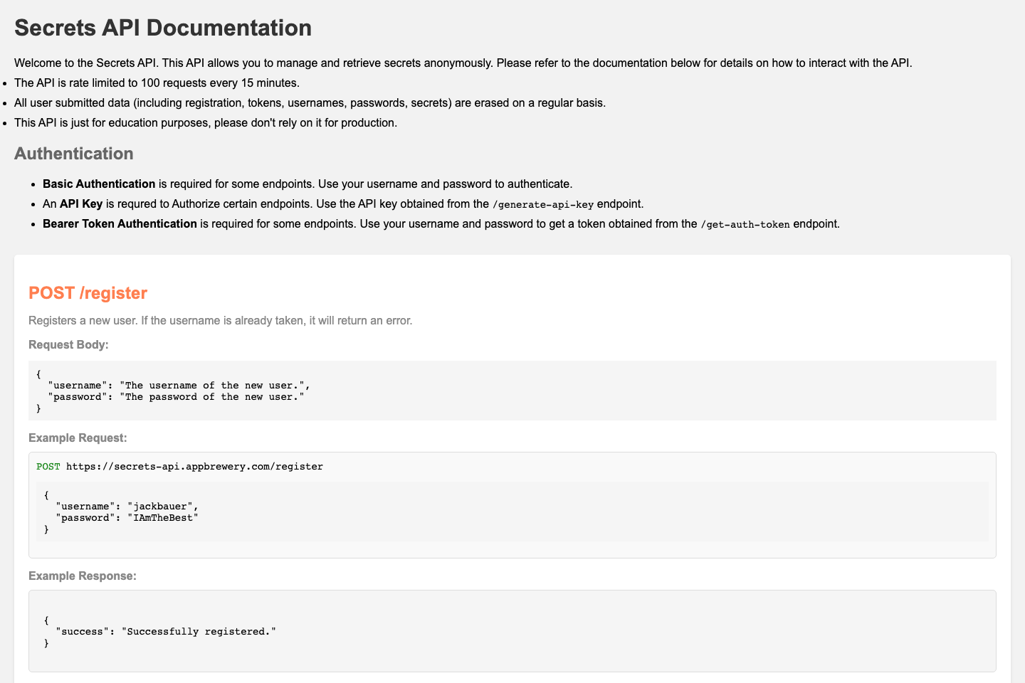 Secrets-APi documentation page