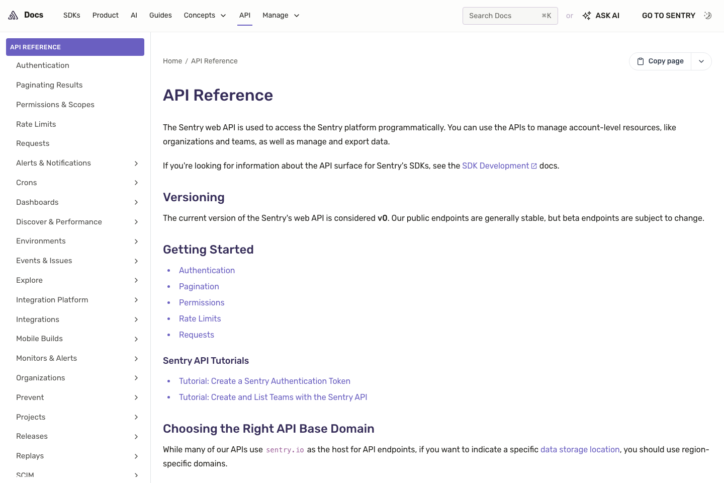 Sentry documentation page