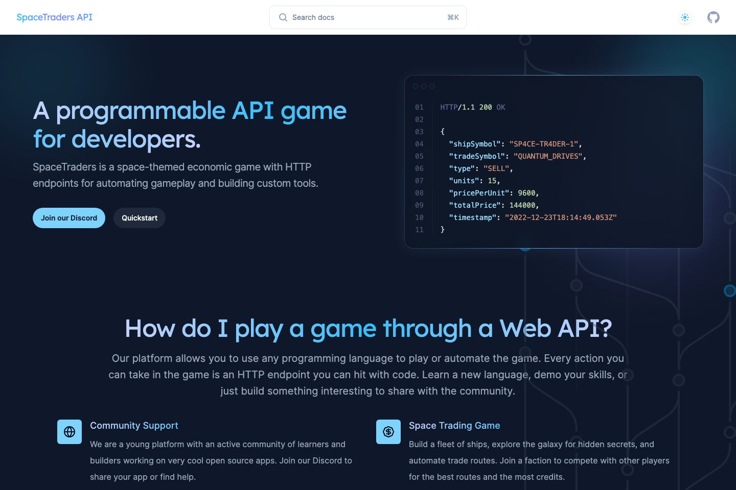 SpaceTradersAPI documentation page