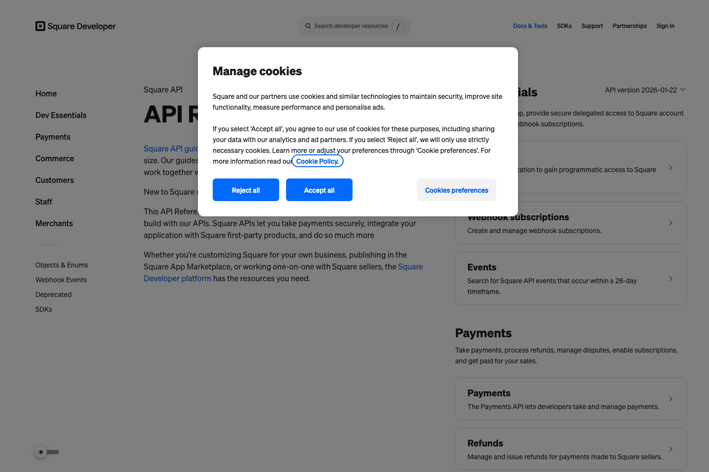 Square documentation page