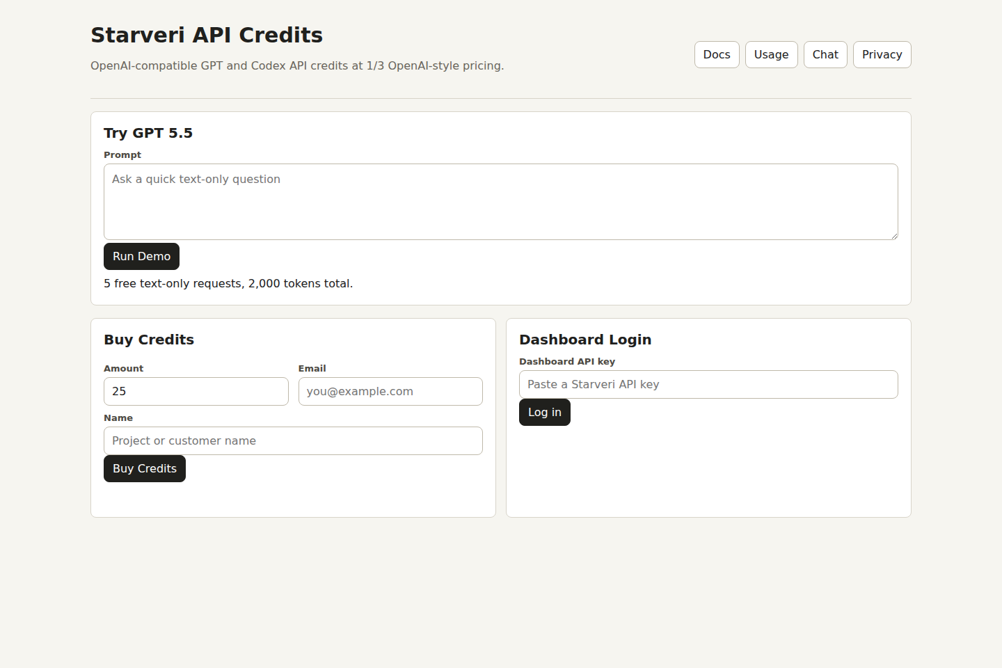 Starveri API documentation page