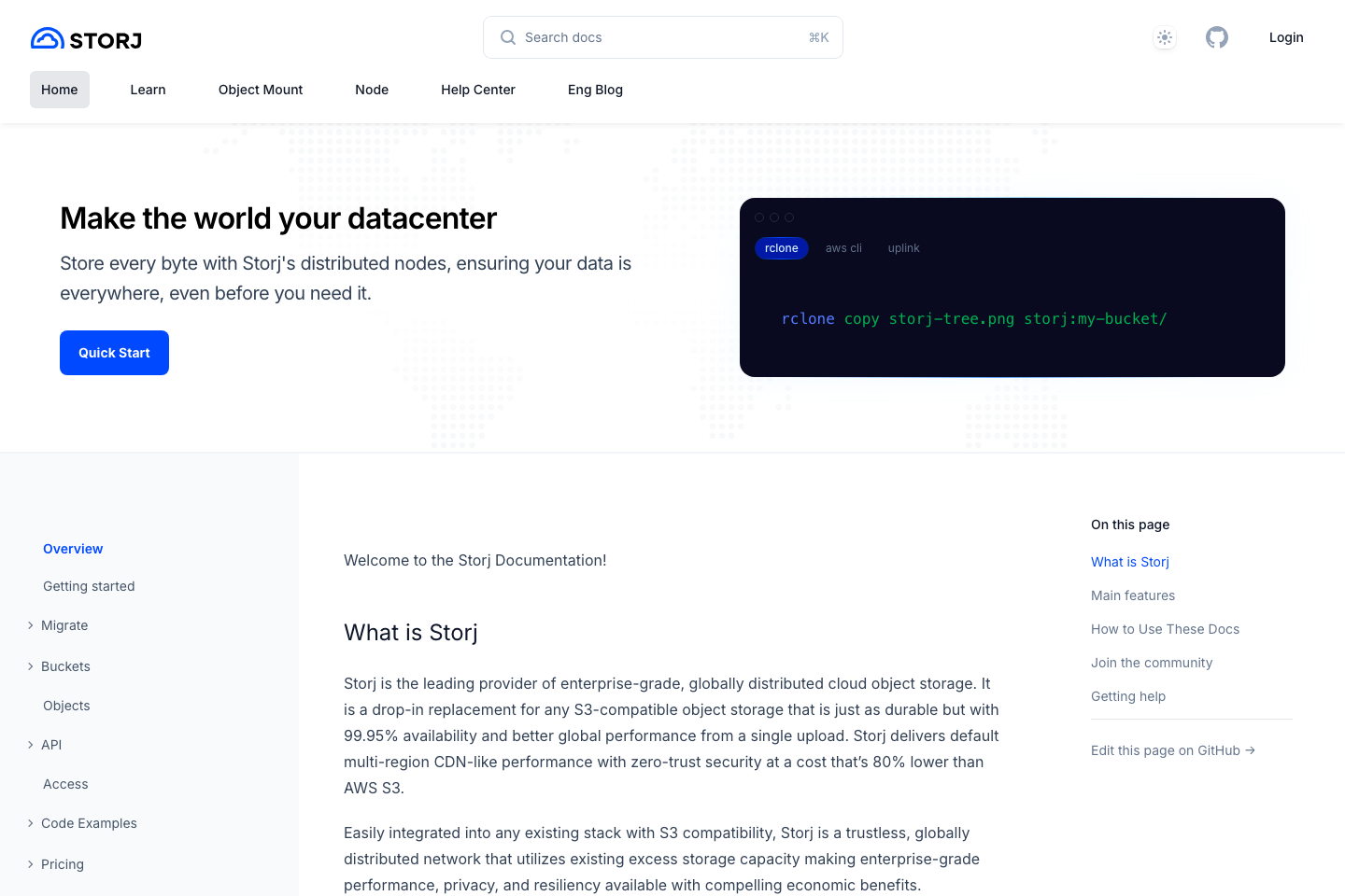 Storj documentation page
