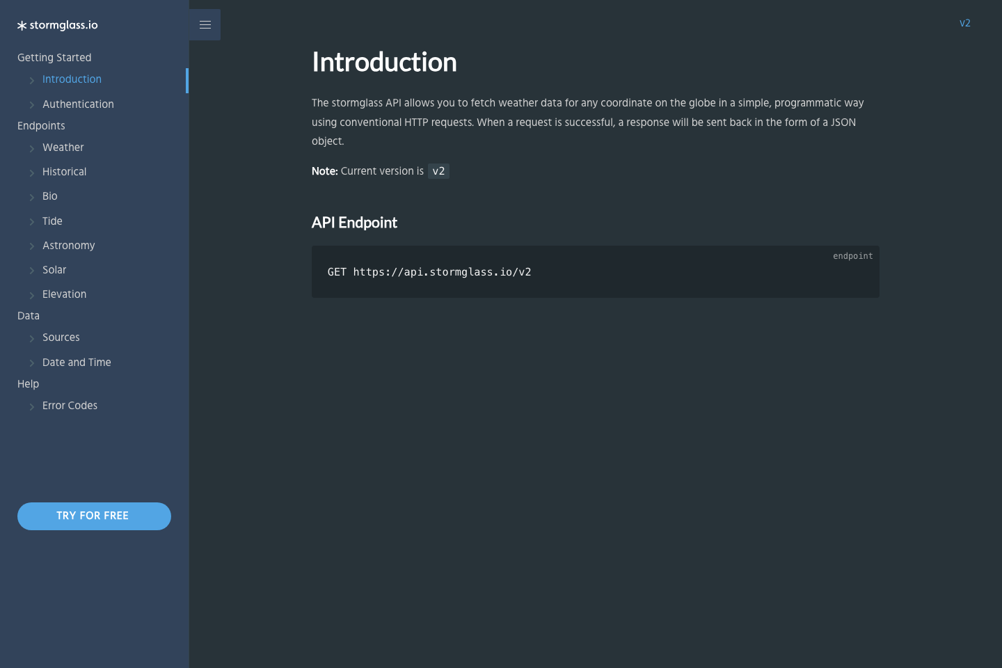 Stormglass documentation page