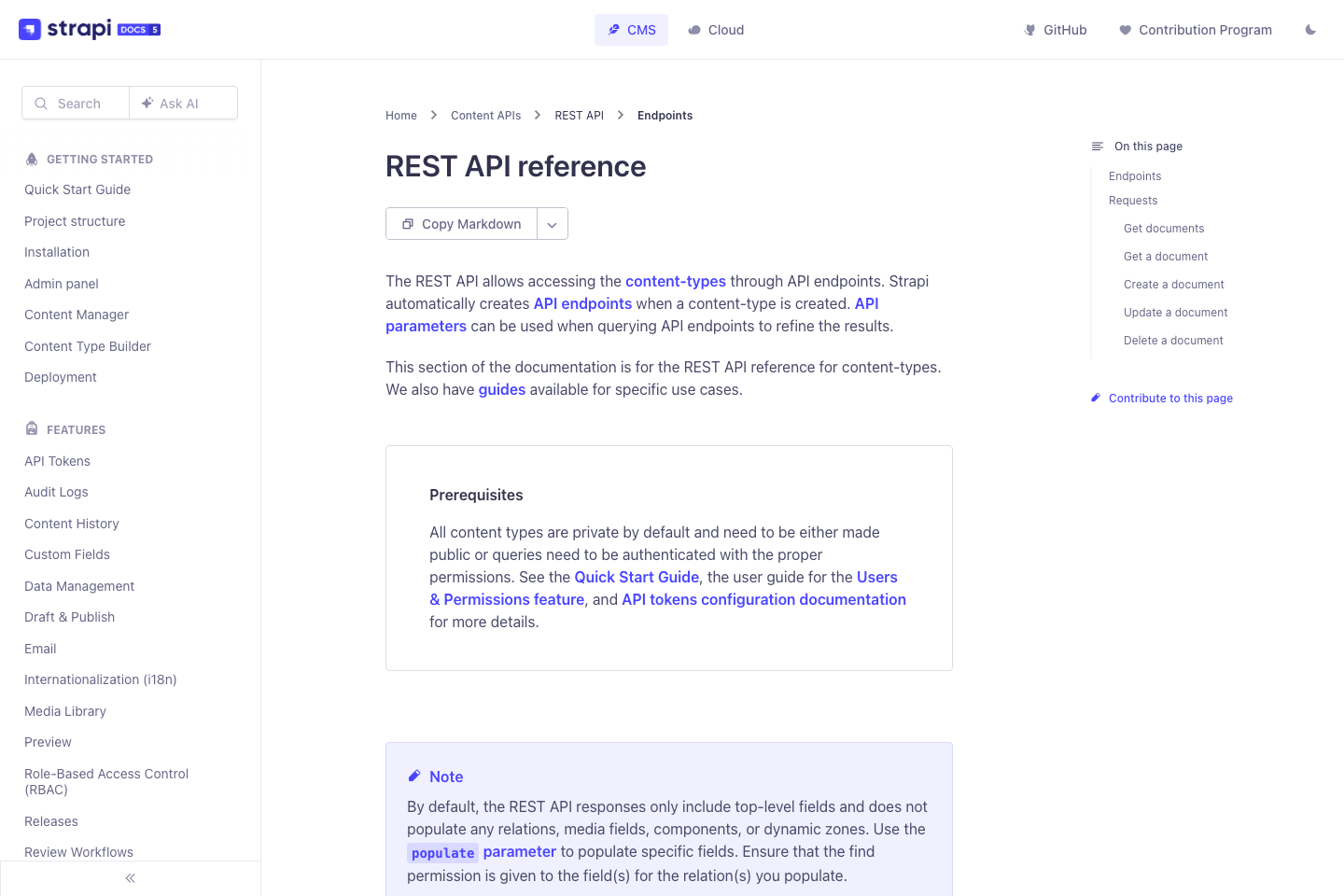 Strapi documentation page