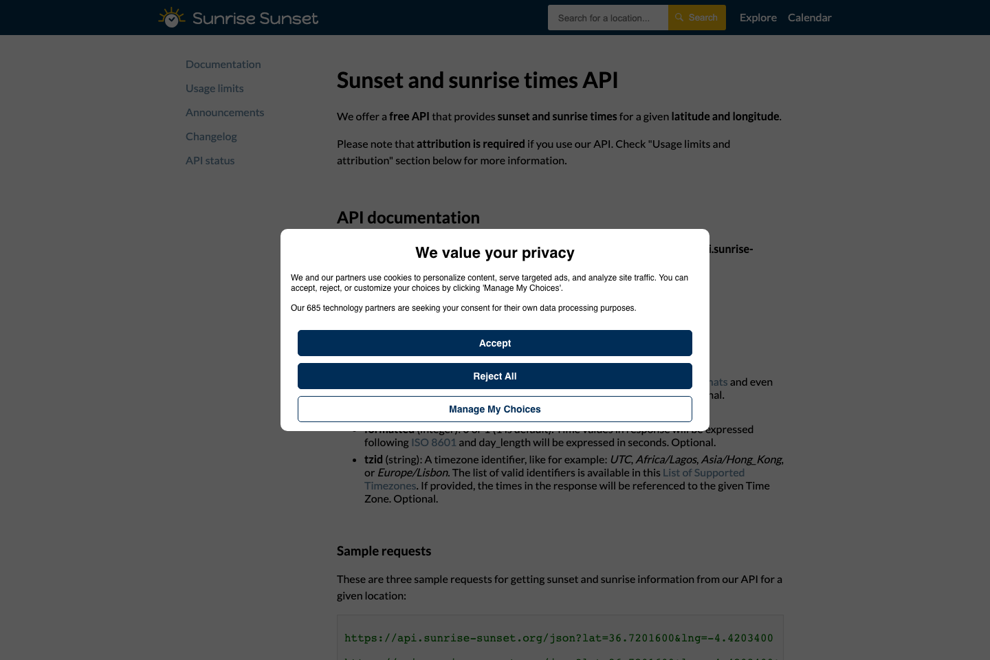 Sunrise and Sunset documentation page