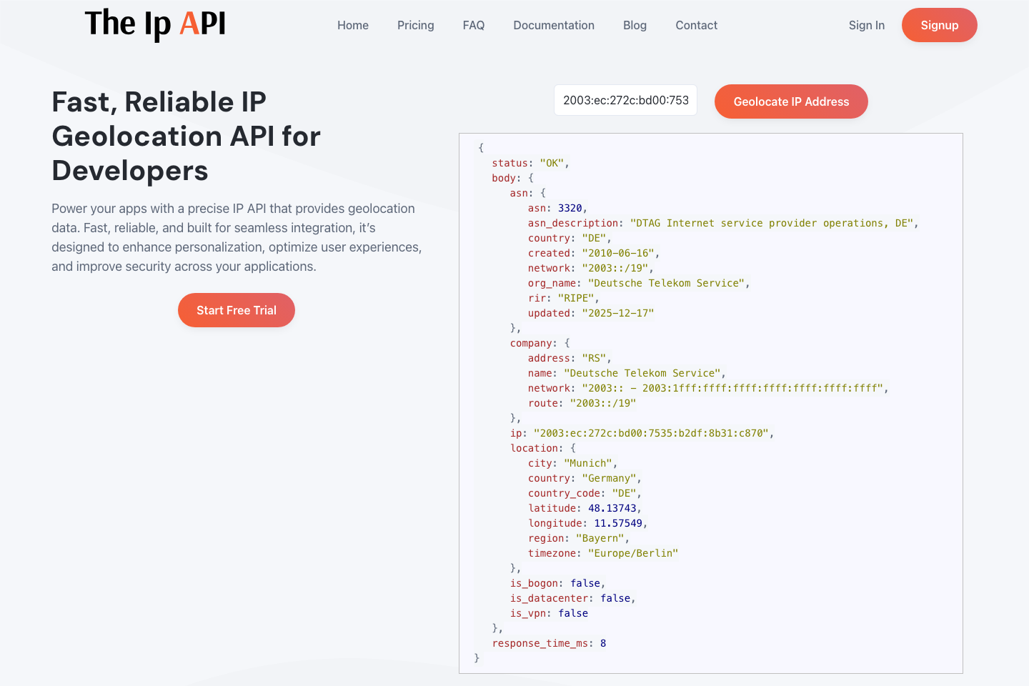 The IP API documentation page
