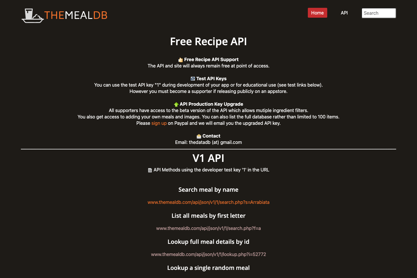TheMealDB documentation page