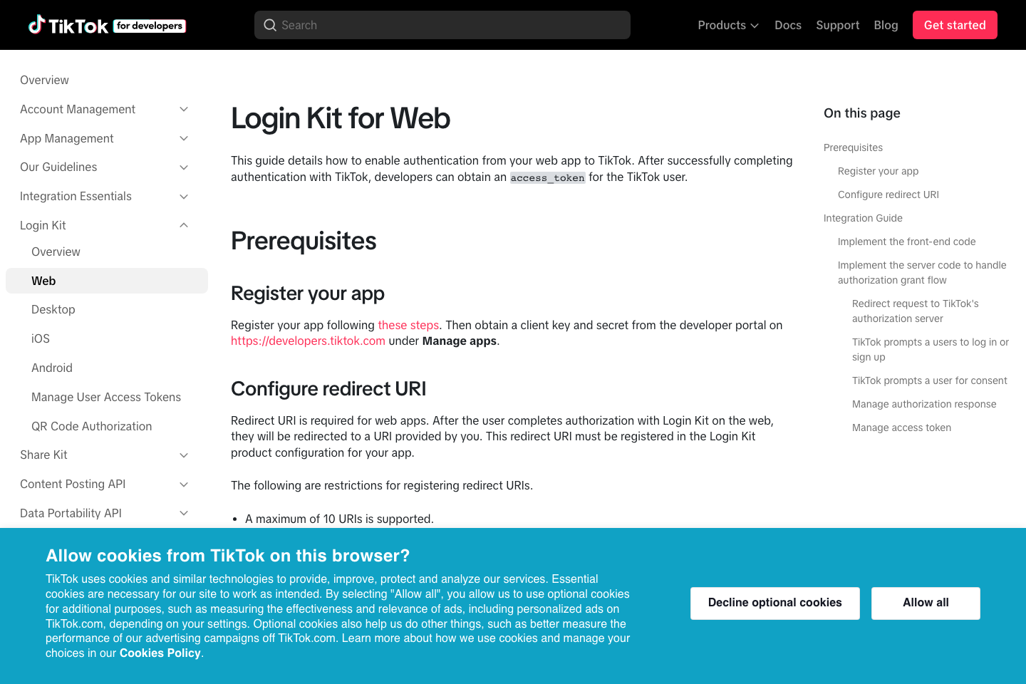 TikTok documentation page