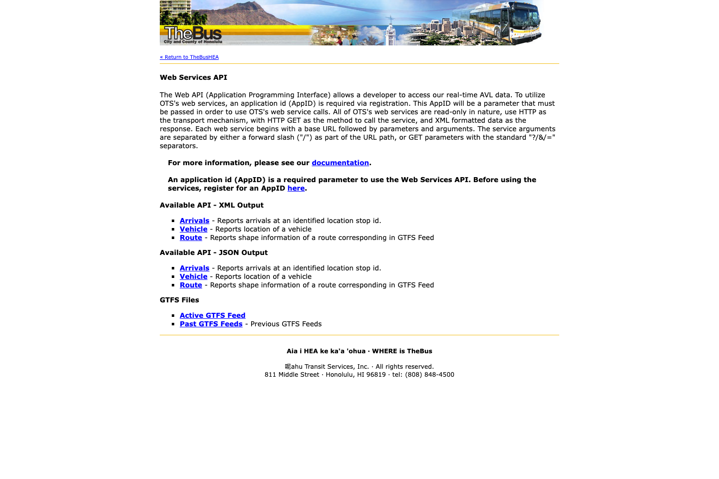 Transport for Honolulu, US documentation page